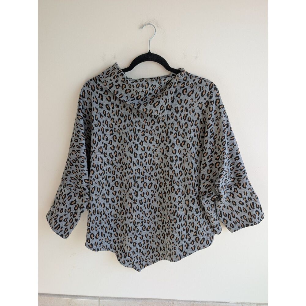 G Leopard Print Poncho Sweater One Size Gray Cowl Neck Wide Sleeve